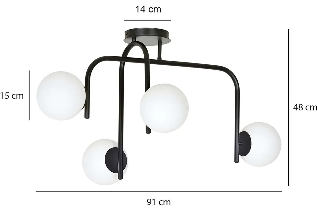 Lampadario 4 Luci Rama In Acciaio Nero A Bracci E Sfere In Vetro Opalino
