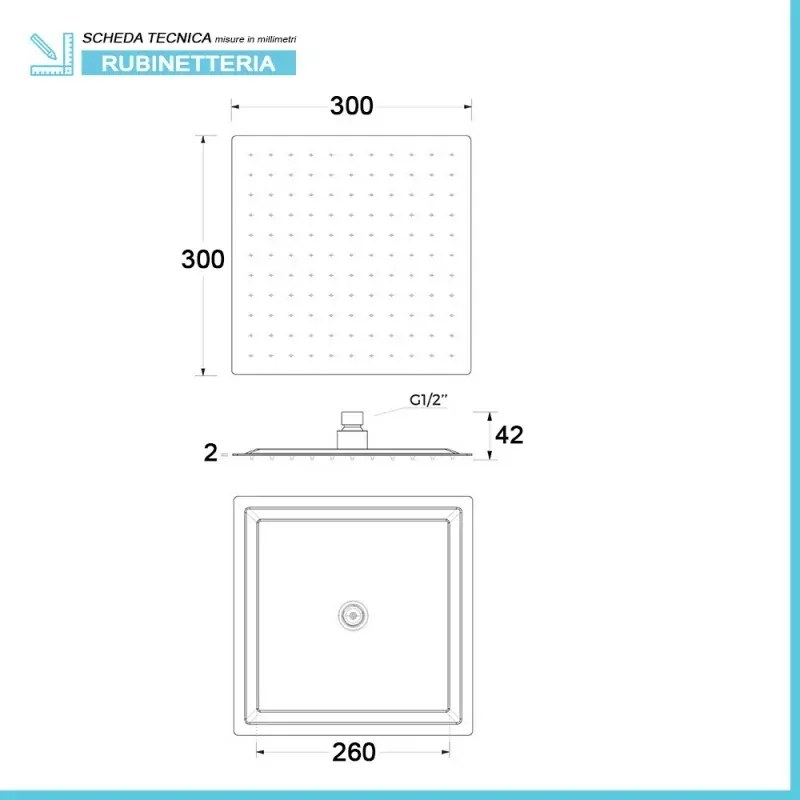 Soffione doccia quadrato 30x30 cm in acciaio inox nero opaco anticalcare