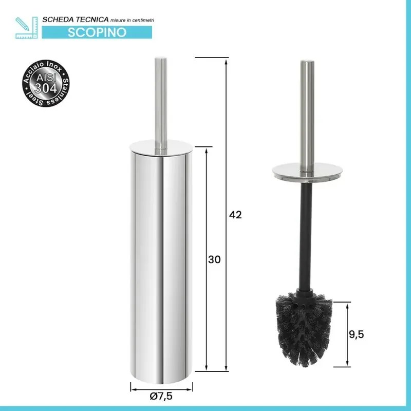 Portascopino tondo slim in acciaio inox 304 setole nere e secchio estraibile
