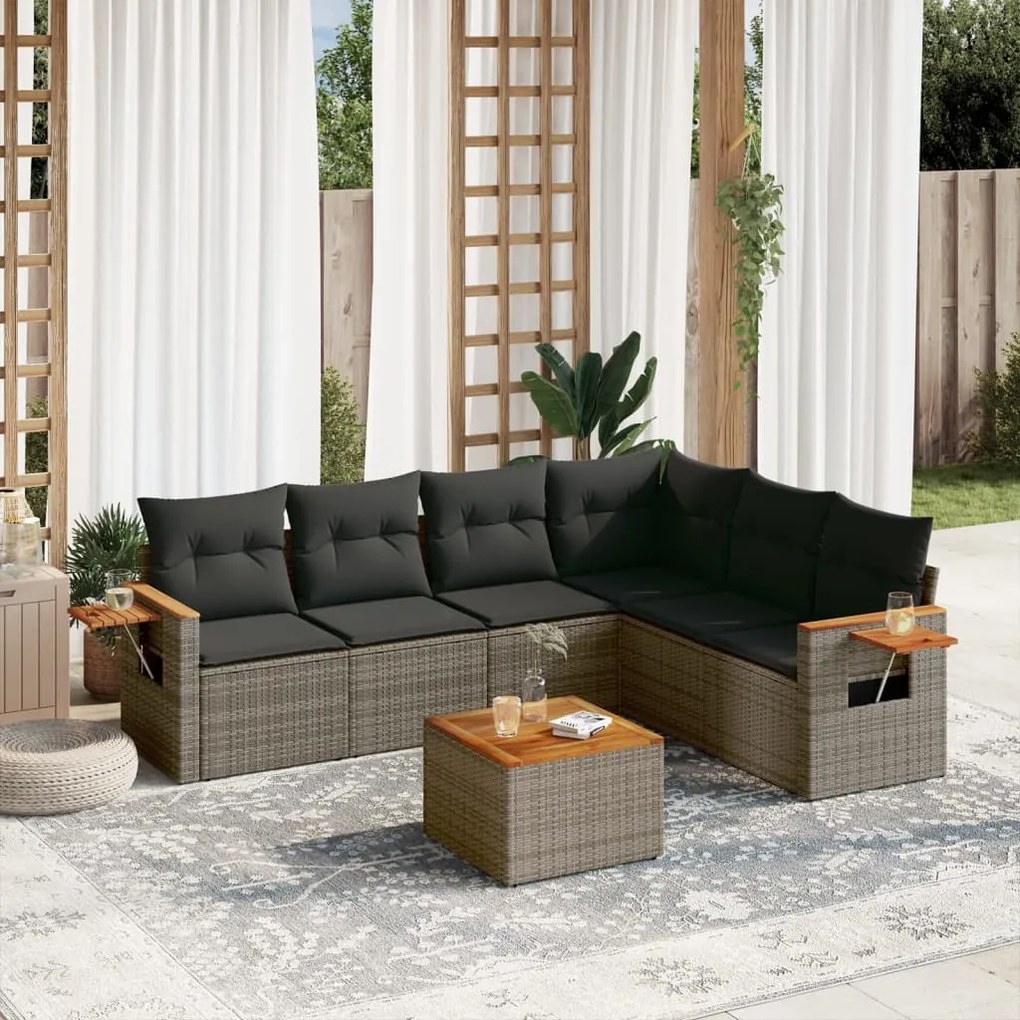 Set divani da giardino 7 pz con cuscini grigio in polyrattan