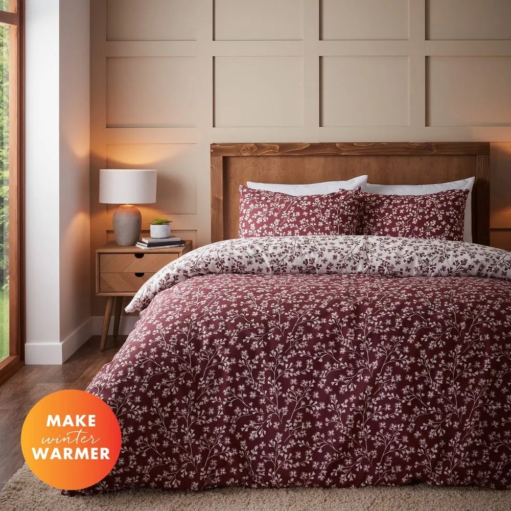 Set copripiumino e federa rosso in flanella per letto matrimoniale e per letto esteso 230x220 cm Grace Floral Leaf – Catherine Lansfield