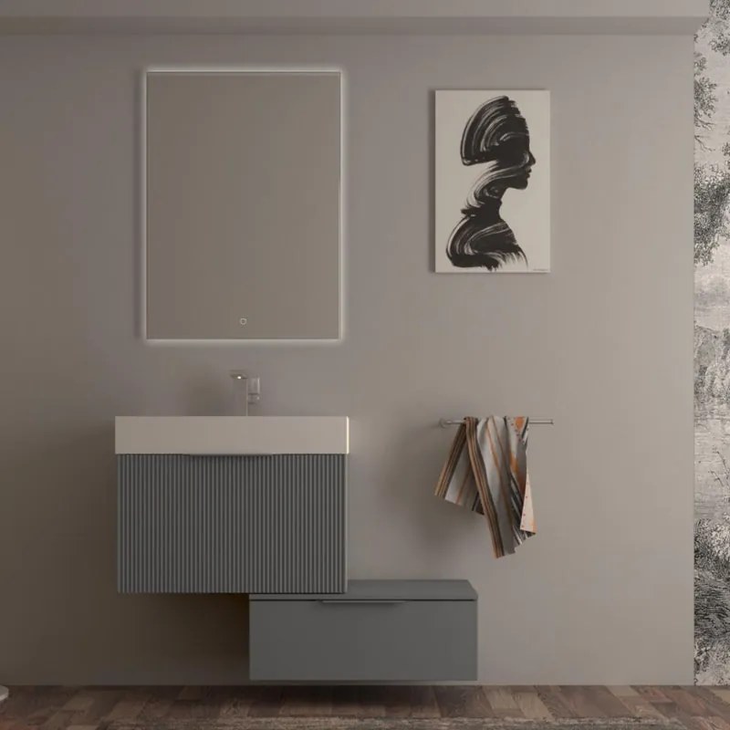 Mobile da bagno sospeso sotto lavabo Modula di BADEN HAUS L 70 x H 43 x P 44 cm grigio nuvola cannettato opaco, 2 cassetti