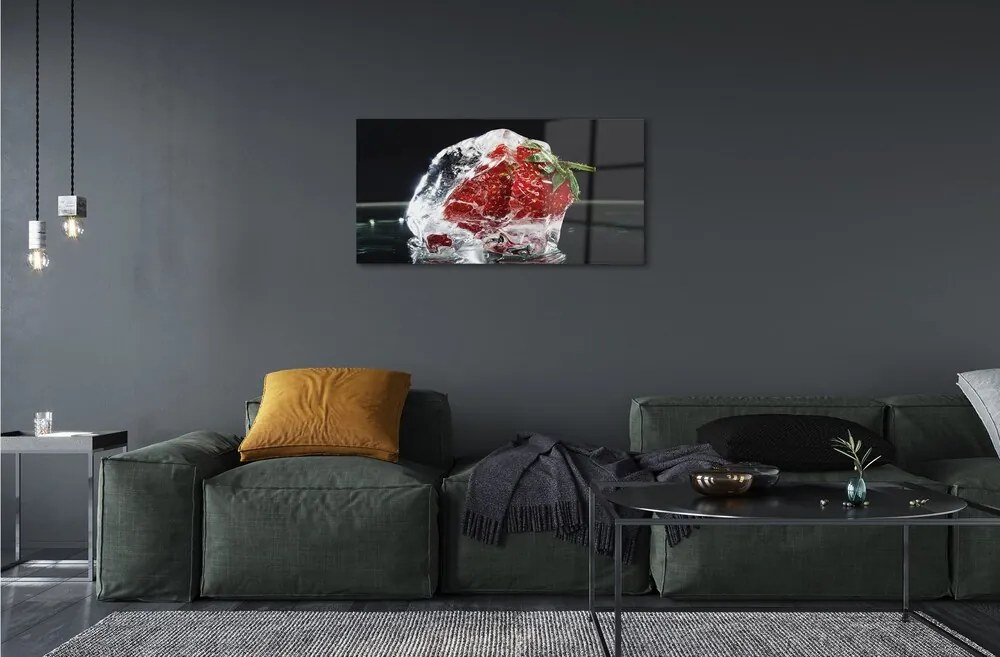 Quadro in vetro Fragola in un cubetto di ghiaccio 100x50 cm 2 appendini