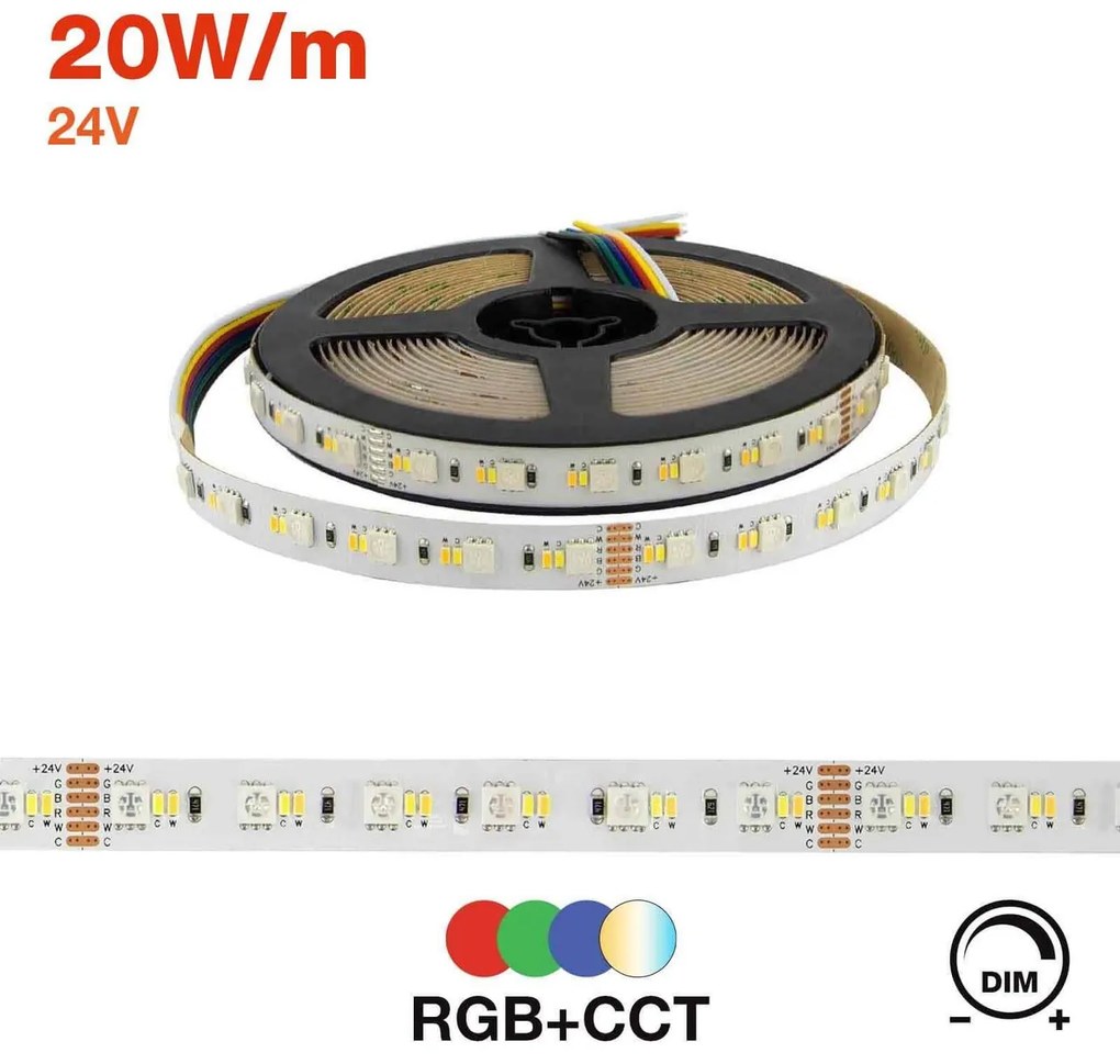 Striscia LED Professional - RGB + CCT (bianco Variabile)  - IP20 - 20W/m - 5m - 24V Colore RGB+CCT