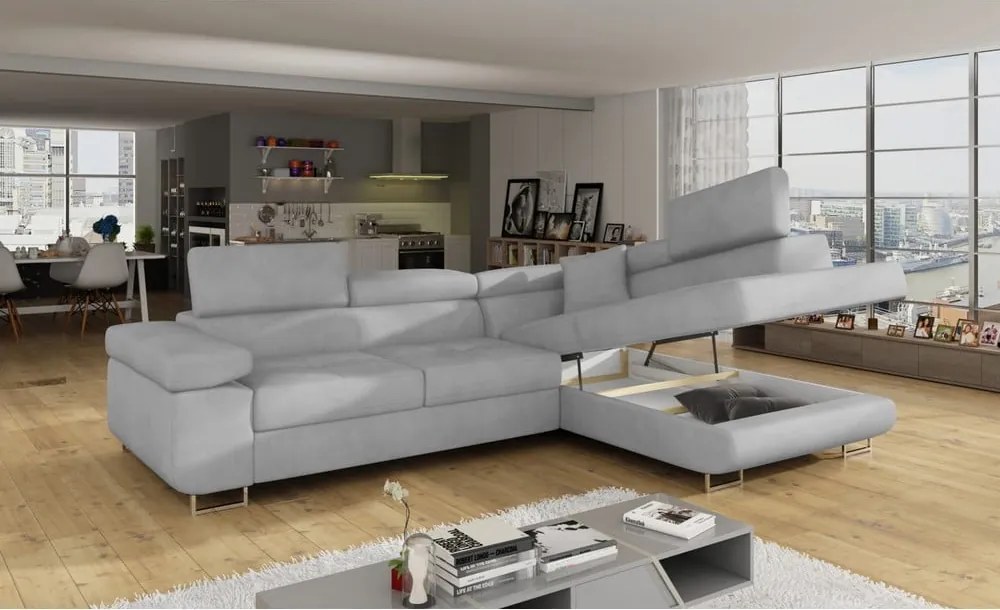 Divano angolare grigio chiaro allungabile/con contenitore (con penisola a destra/a L) e rivestimento in velluto Anton – ELTAP