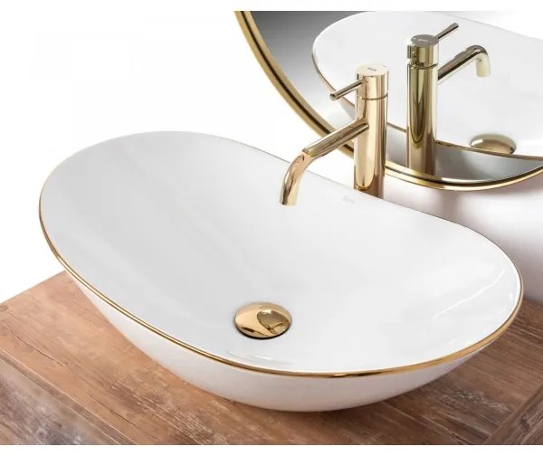 REA-U8570 - Lavabo da appoggio ROYAL 36x62 cm, in ceramica, bianco lucido con finiture oro