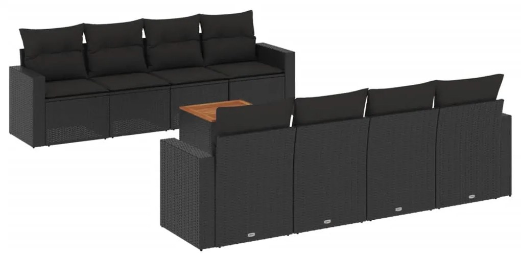 Set divani da giardino 9 pz con cuscini nero in polyrattan