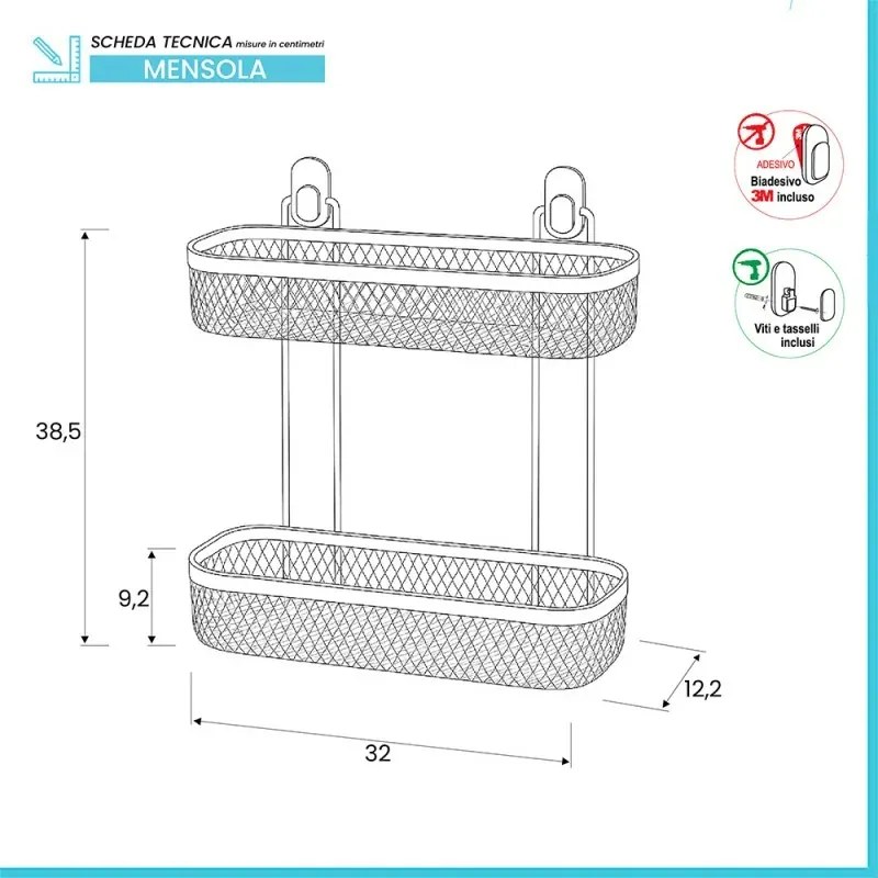 Mensola bagno rettangolare verde acqua in acciaio con 2 ripiani – Taki