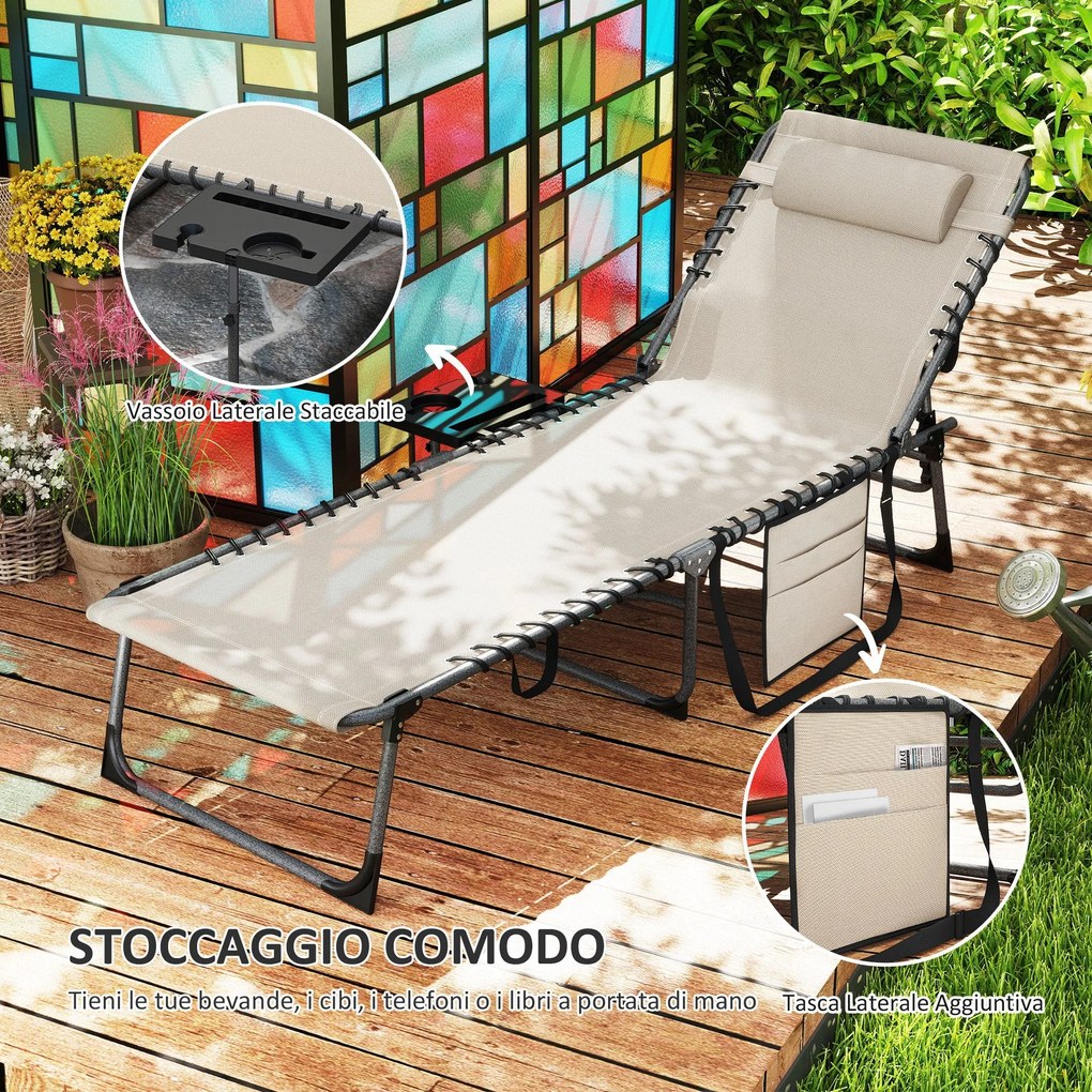 Sdraio da Giardino Pieghevole 60x190x31 cm Reclinabile a 5 Livelli con Tavolino Laterale e Tasca Crema...