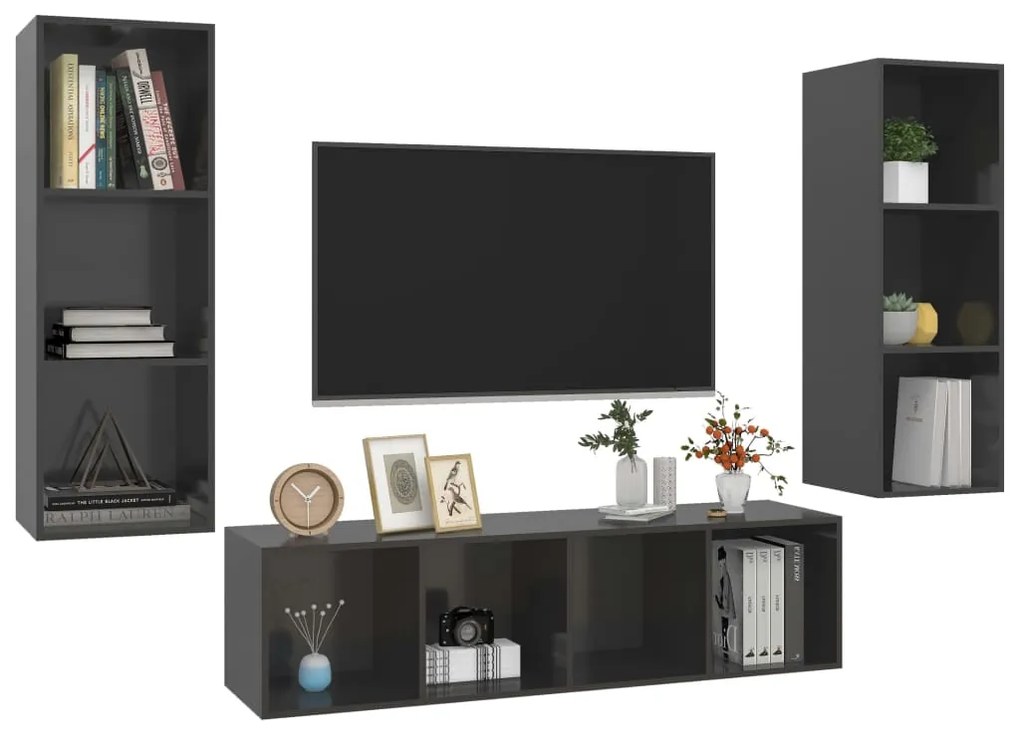 Set mobile tv 3 pz grigio lucido in truciolato