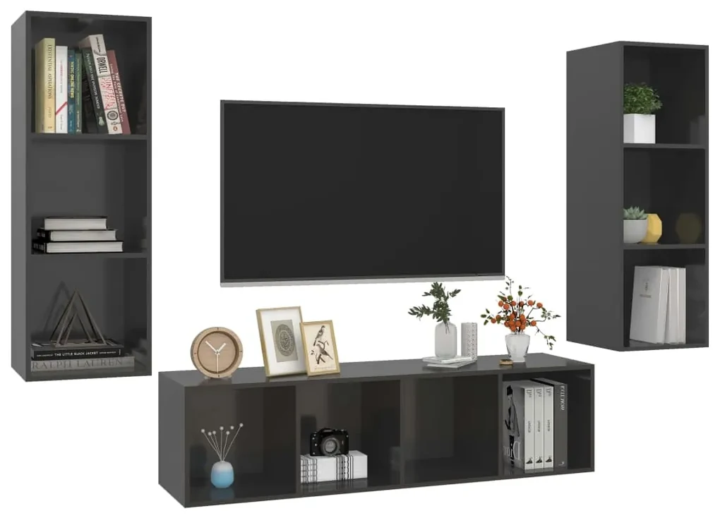 Set mobile tv 3 pz grigio lucido in truciolato