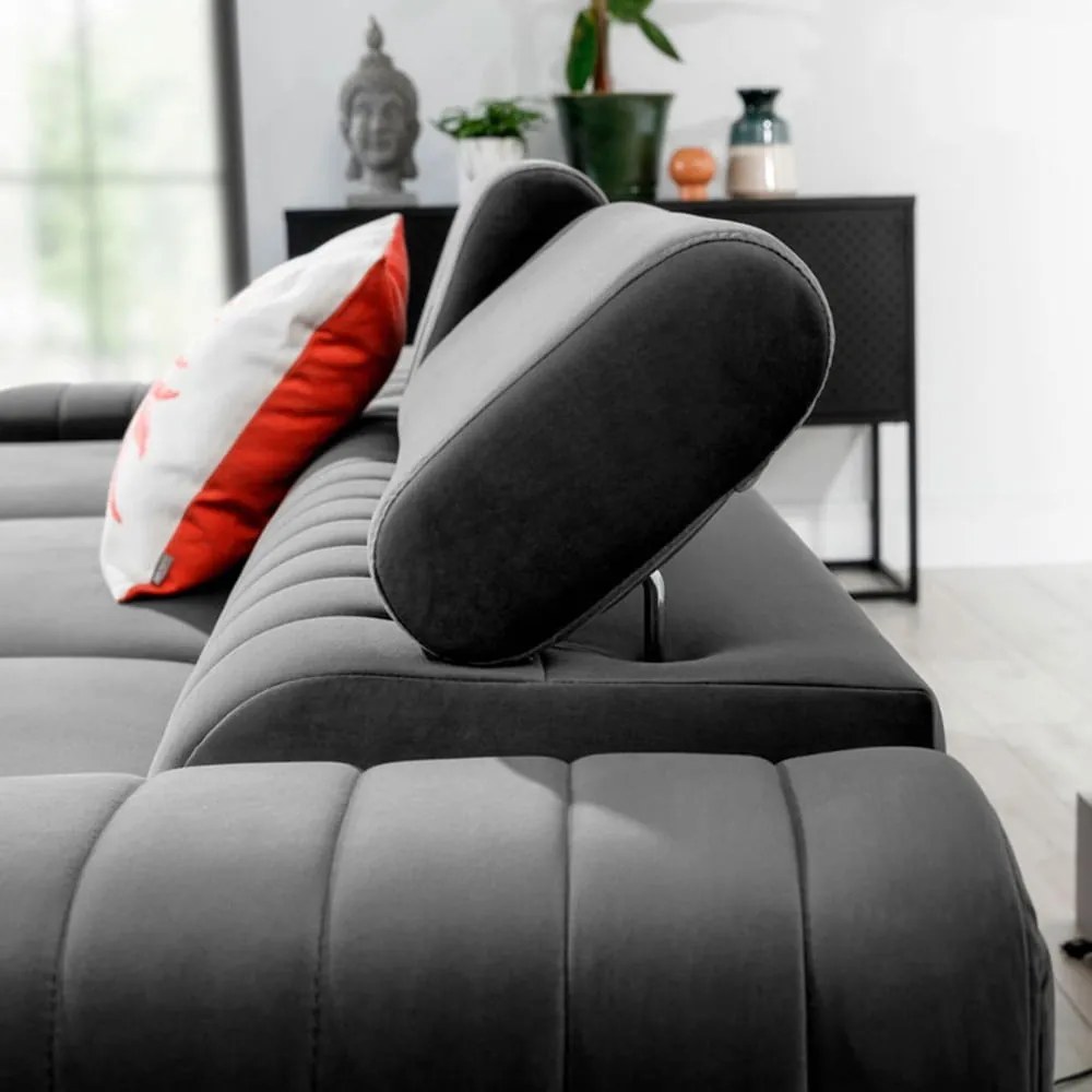 Divano angolare grigio allungabile/con contenitore (con penisola a sinistra/con chaise lounge) e rivestimento in velluto Grayson – ELTAP