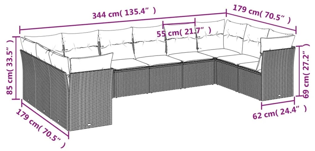 Set Divani da Giardino 10pz con Cuscini in Polyrattan Marrone