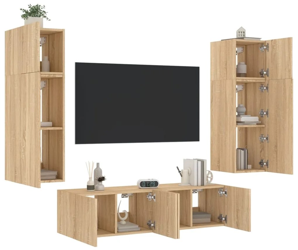 Mobili Tv A Muro Con Led 6pz Rovere Sonoma Legno Multistrato /