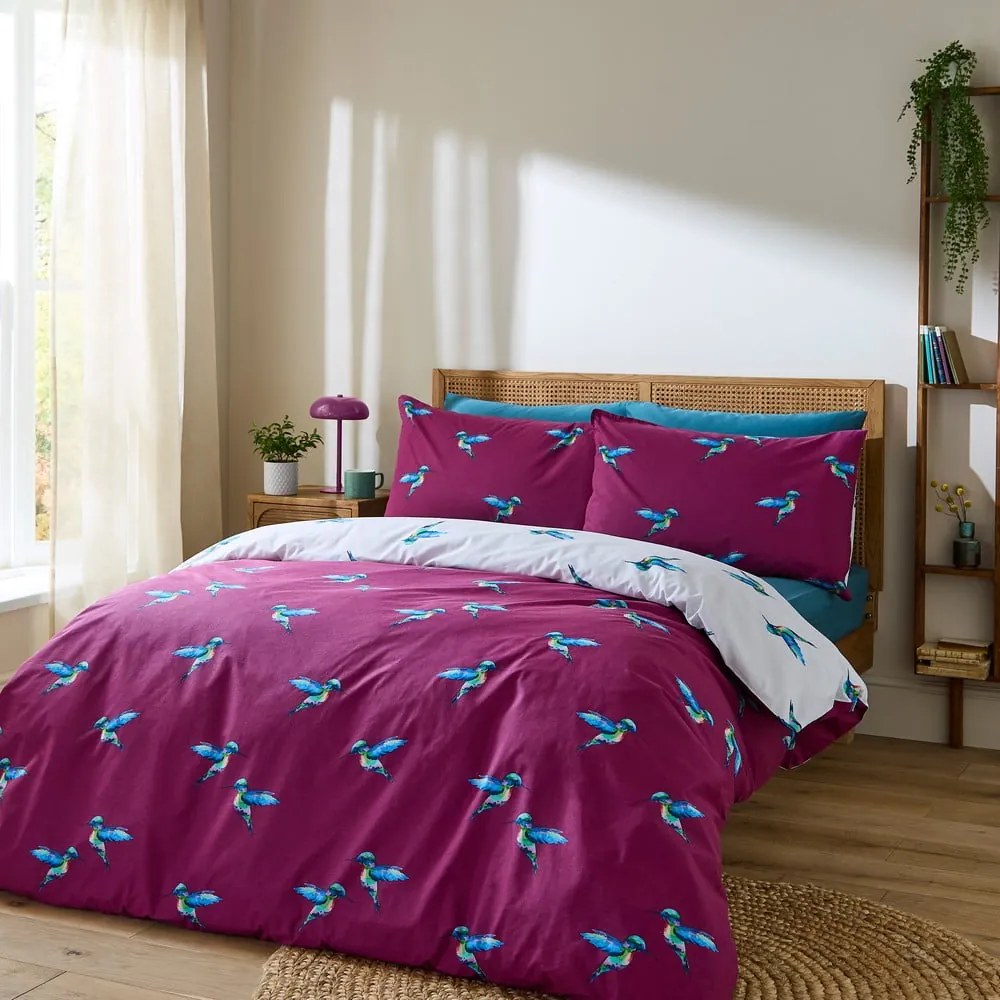 Set copripiumino e federa bianco e viola in cotone per letto matrimoniale 200x200 cm Hummingbird – Their Nibs