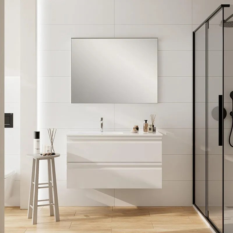 Mobile Pull L100 H55 P45 bianco opaco laccato 2 cassetti a chiusura ammortizzata e lavabo in ceramica vasca SX, piedini non inclusi