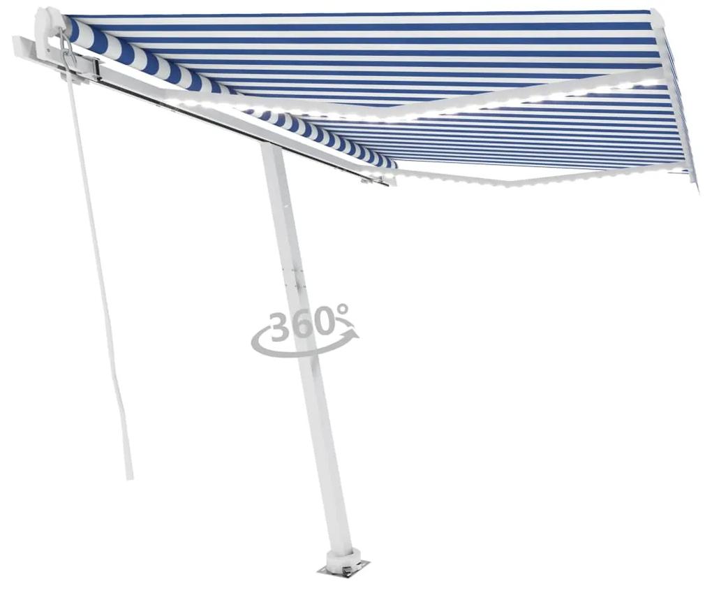 Tenda da Sole Retrattile Manuale con LED 300x250cm Blu e Bianco