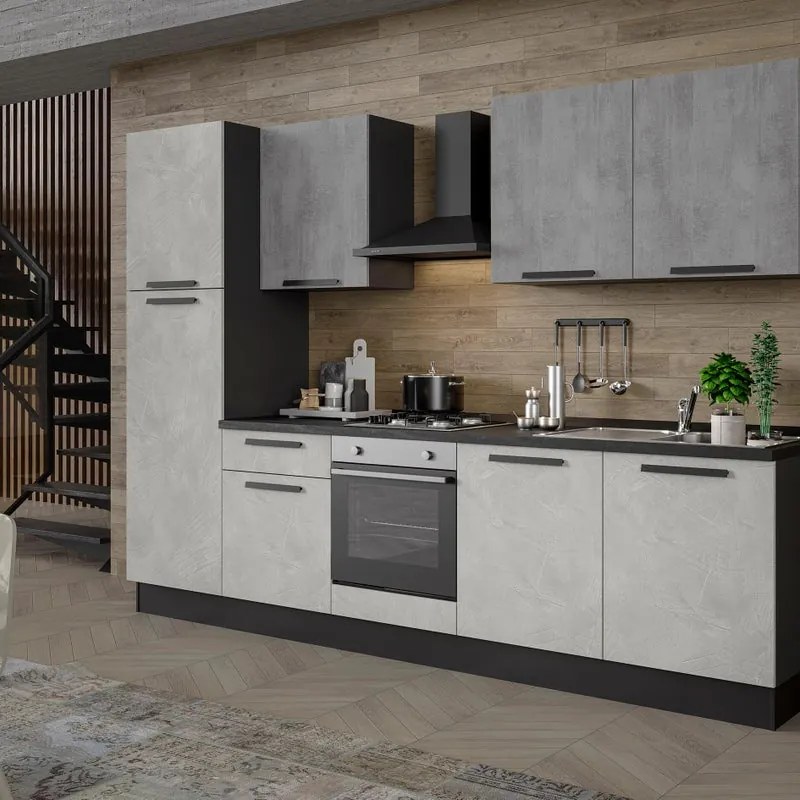 Cucina montata Dora bianco e grigio chiaro, lavello a destra, L 300 cm, completa di: cappa a camino, piano cottura a gas, forno e frigorifero