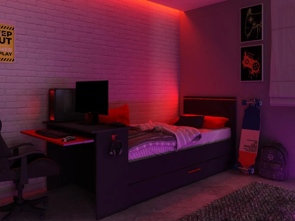 Letto a scomparsa gamer 2 x 90 x 200 Con scrivania LED Antracite e Rosso + Rete - VOUANI