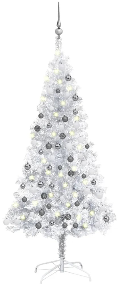 Albero di Natale Preilluminato con Palline Argento in PET, Albero di Natale Preilluminato con Palline Argento 150 cm PET III