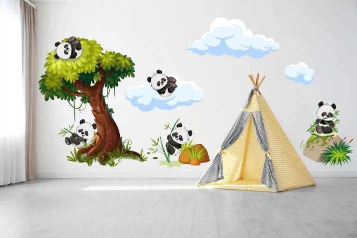 Adesivo murale per bambini panda allegri su un albero 150 x 300 cm