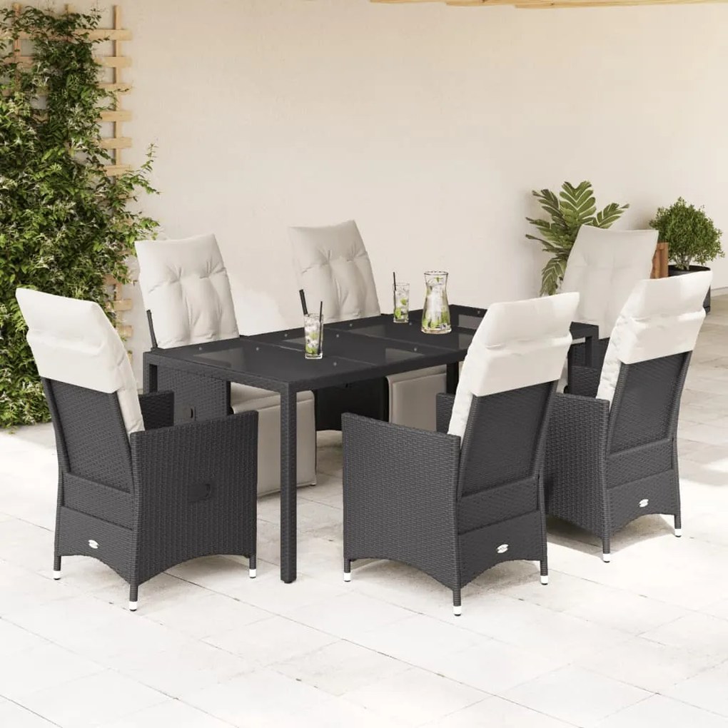 Set da pranzo da giardino 7 pz nero con cuscini in polyrattan