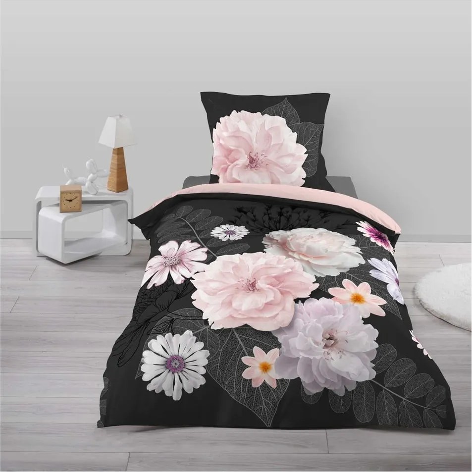 Biancheria da letto nera/rosa in cotone per letto singolo 140x200 cm Floral – douceur d'intérieur