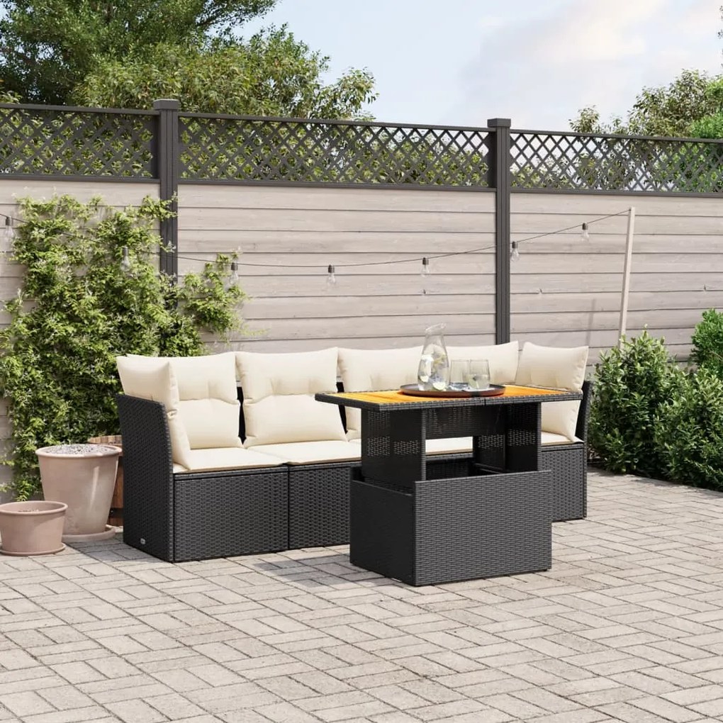 Set divani da giardino 5 pz con cuscini in polyrattan nero