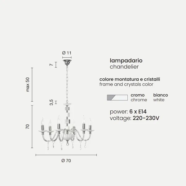 Lampadario sospeso LIVIA in vetro e cristallo Bianco 6 luci