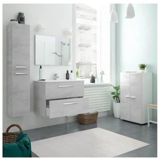 Mobile bagno sospeso 80 cm con colonna, lavabo e specchio color cemento - Aruba 99134