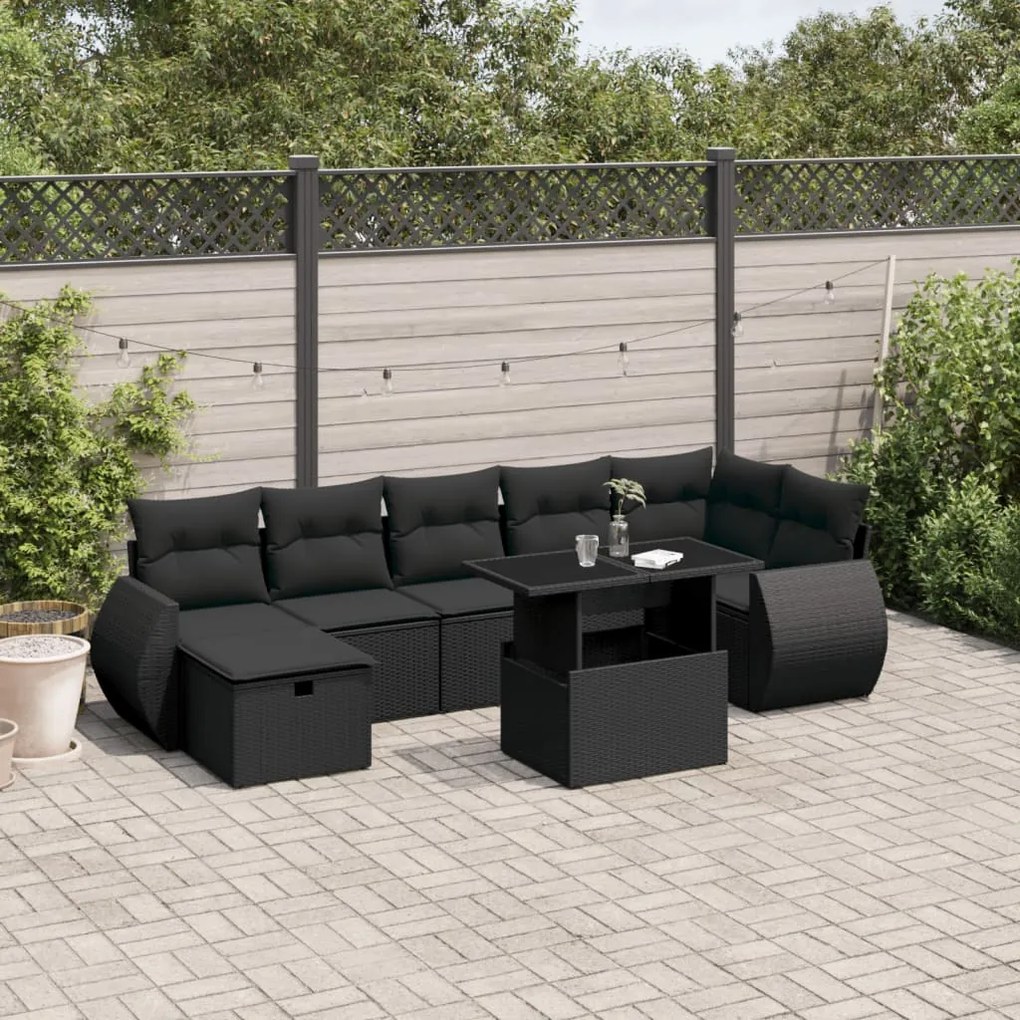 Set divani da giardino con cuscini 8 pz nero in polyrattan