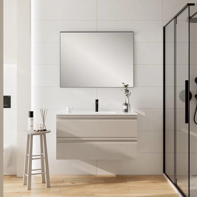 Mobile da bagno sospeso Pull taupe con lavabo in mineralmarmo vasca centrale bianco opaco base con 2 cassetti a chiusura ammortizzata (estrazione parziale), con presa maniglia L100 H55 P45cm