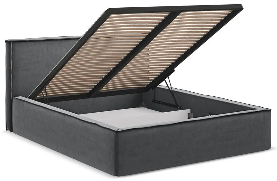 Letto matrimoniale imbottito grigio scuro con contenitore con griglia 140x200 cm Anani - Makamii