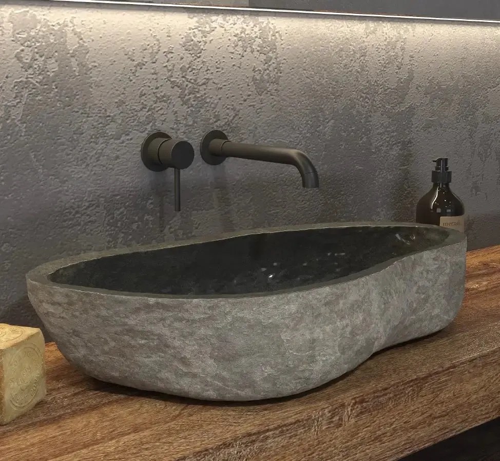 Lavabo Da Appoggio In Pietra Di Fiume Naturale Grigio