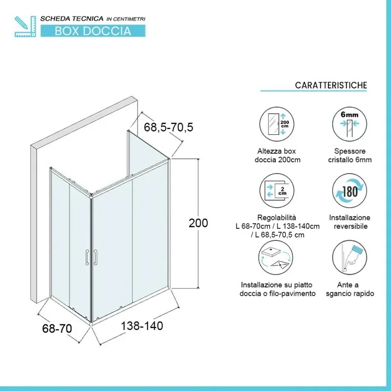 Box doccia 70x140x70 cm con doppio scorrevole trasparente H 200 cm Ted