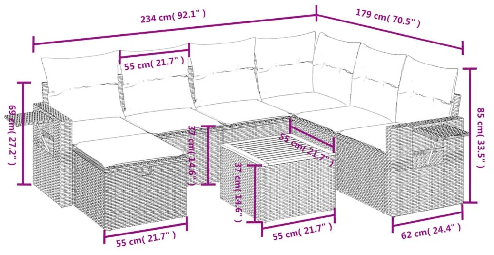 Set divano da giardino 8 pz con cuscini beige misto polyrattan