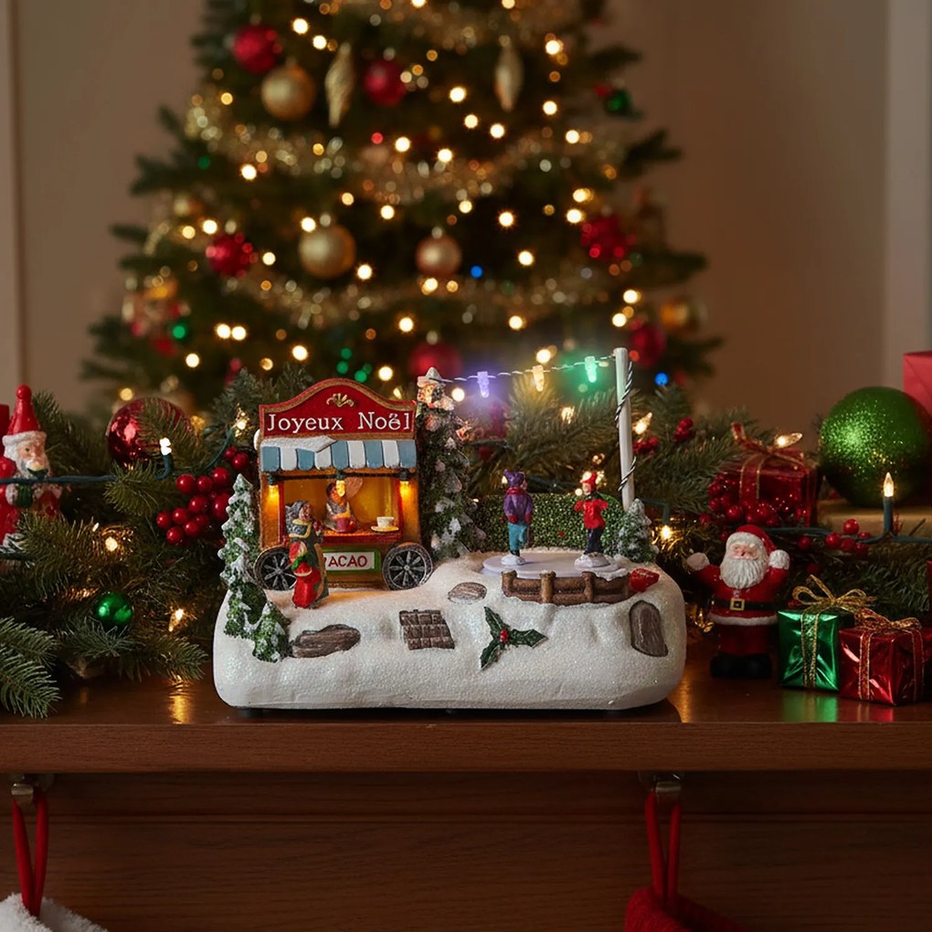 Carretto cioccolata, villaggio di Natale con luci
