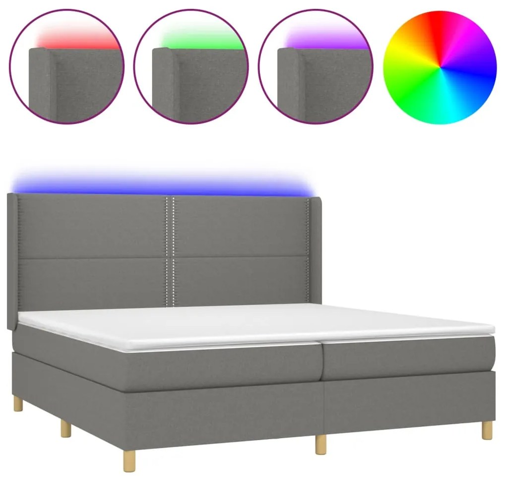 Letto a molle materasso e led grigio scuro 200x200cm in tessuto