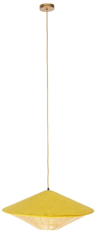 Lampada a sospensione rustica in velluto giallo con rattan 60 cm - Frills Can