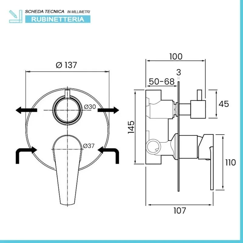 Miscelatori bagno in set lavabo bidet e doccia incasso con deviatore cromati Recta