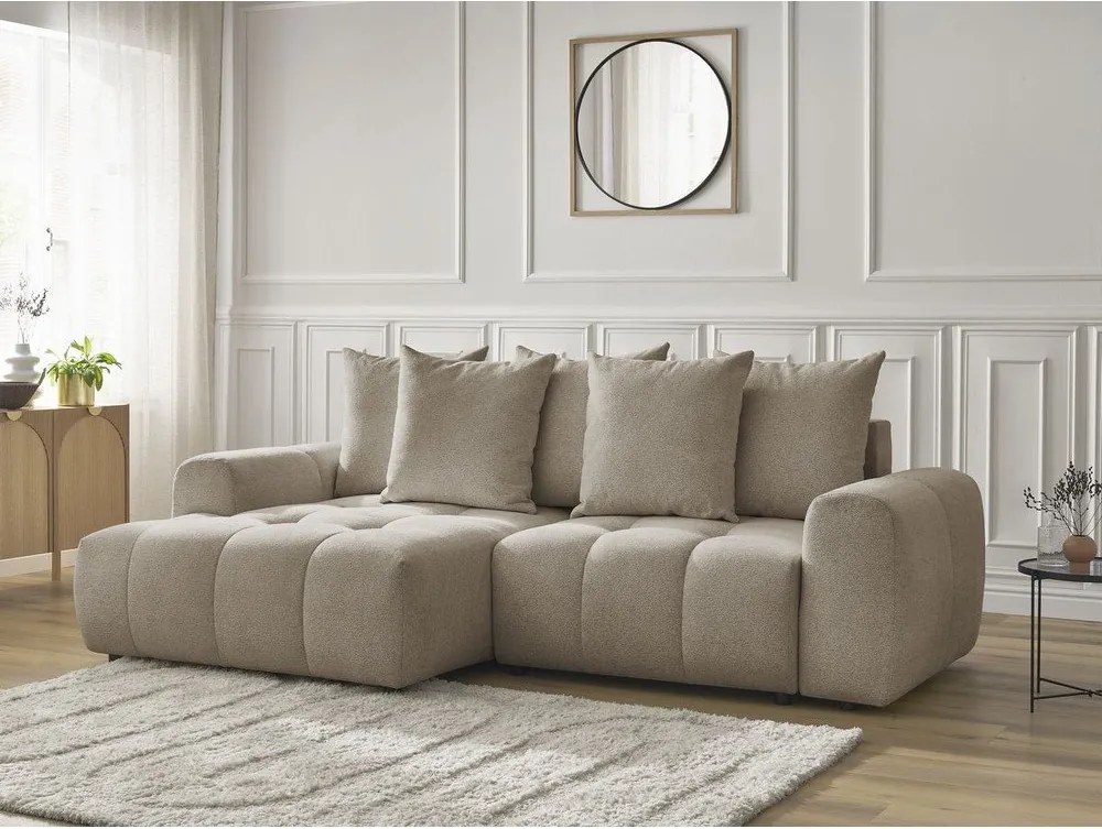 Divano angolare beige allungabile/con contenitore (con penisola a sinistra/con chaise lounge) con rivestimento in ciniglia Roxelane – Bobochic Paris