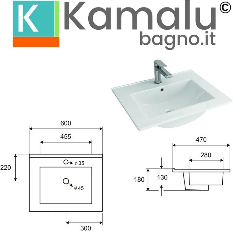 Mobile bagno a terra 60 cm con lavabo e 2 cassetti scorrevoli TOD-60LP - KAMALU