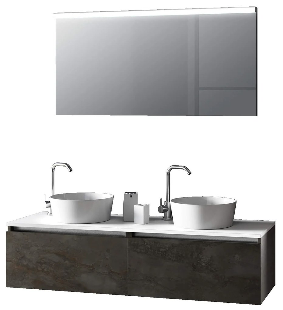 Mobile Bagno 140cm Con Doppio Lavabo, Base Con Cassetto E Specchio Con LED Integrato