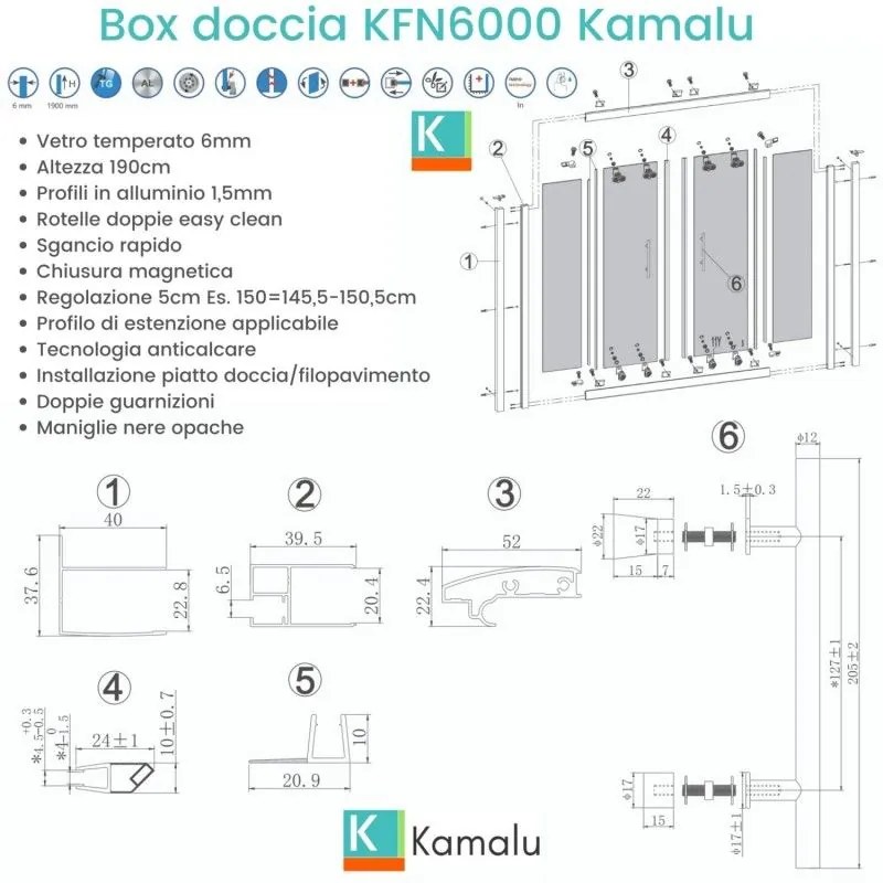 Kamalu - box doccia 170x80 apertura doppio scorrevole telaio nero kfn6000s