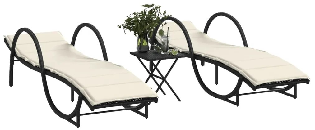 Lettini prendisole 2 pz con tavolino nero in polyrattan