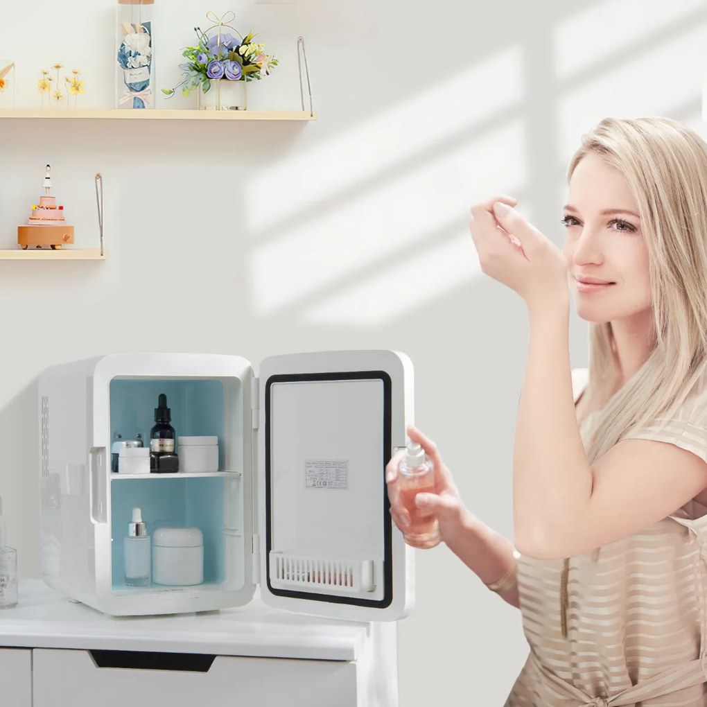 Costway Mini frigo portatile 10 L AC/DC con specchio LED, Frigorifero compatto termostatico per auto e casa Bianco