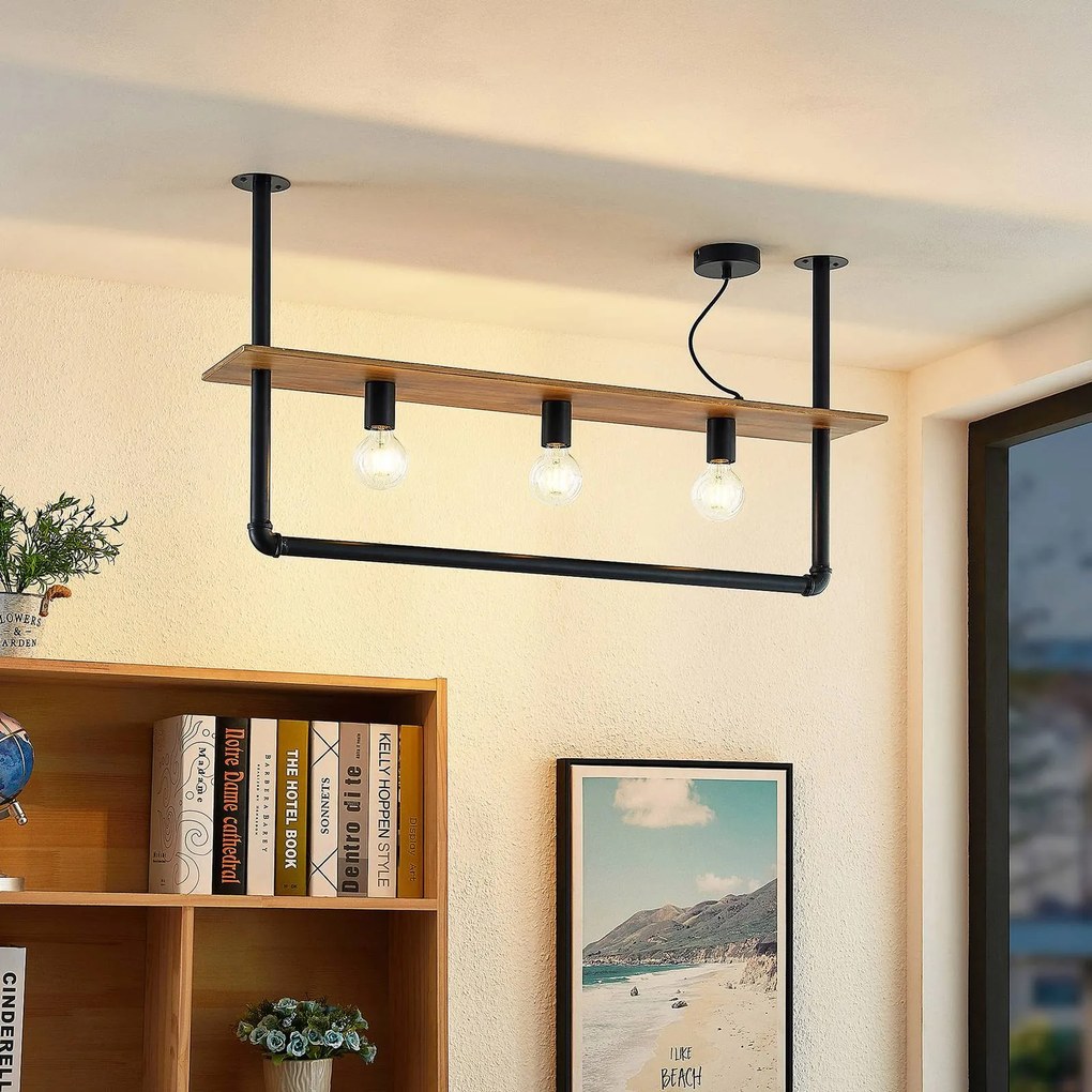 Plafoniera Lindby Kirista, a 3 luci, nero, legno, 100 cm