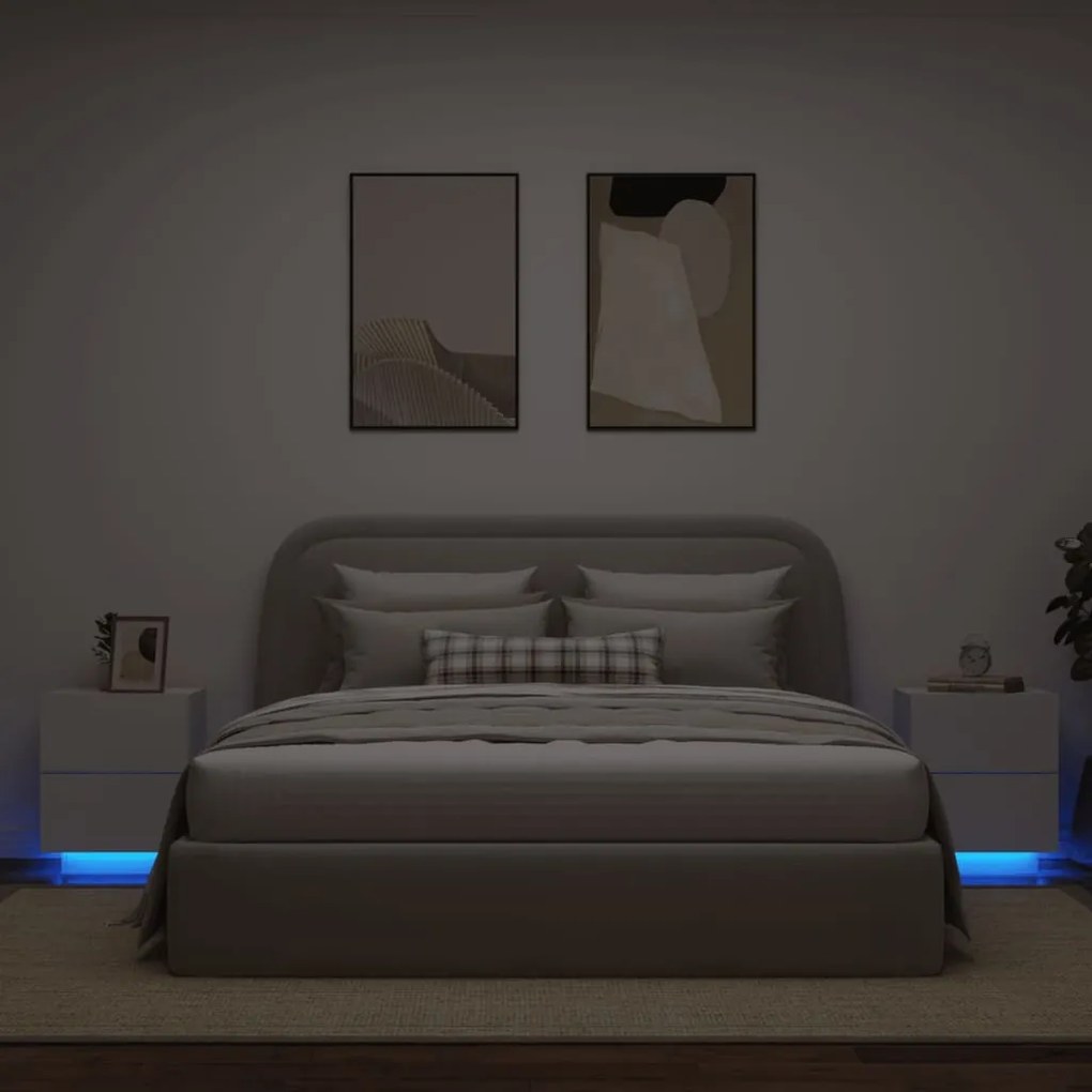 Comodini Con Luci Led 2pz Bianchi İn Legno Multistrato /
