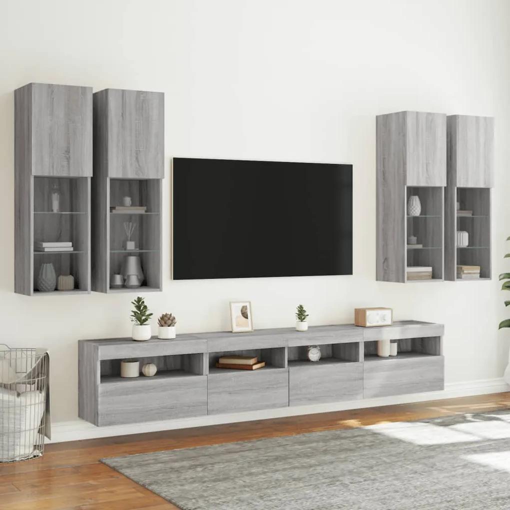 Set Mobili TV a Muro 7 pz con Luci LED Grigio Sonoma