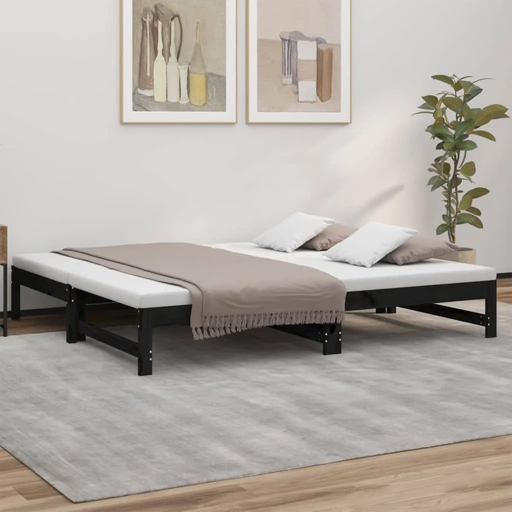 Dormeuse estraibile nera 2x(90x190) cm legno massello di pino